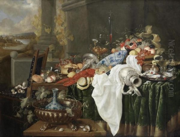 A Still Life Of A Pie On A Silver Dish, A Lobster, A Silver Cup And Ewer - view 1