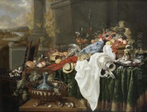 A Still Life Of A Pie On A Silver Dish, A Lobster, A Silver Cup And Ewer by Andries De Coninck