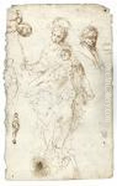 A Sheet Of Studies With The
Madonna And Child, A Head Of A Male Saint, Two Figure Sketches And A
Separate Study For The Christ Child - view 1