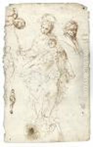 A Sheet Of Studies With The
Madonna And Child, A Head Of A Male Saint, Two Figure Sketches And A
Separate Study For The Christ Child by Francisco de, the Younger Herrera