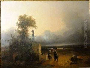 Paysannes Pres D'un Calvaire Dans Un Paysage