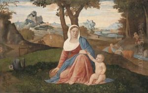 The Rest On The Flight Into 
Egypt With The Penitent Saint Jerome In A Wooded River Landscape by Benedetto Diana