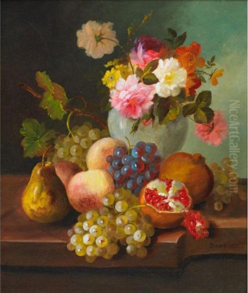 Pomegranates, Grapes, Peaches And A Pear On A Ledge With Vase Of Mixed Flowers - view 1
