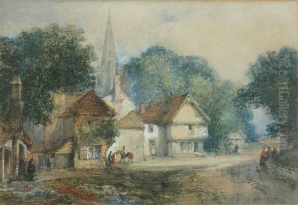 Figures In A Country Village With Church Spire - view 1