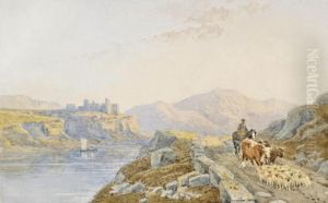 A Drover With Sheep And Cattle In A Mountainous Landscape, A Ruined Castle Beyond by Edmund Dorrell