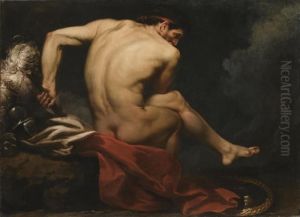 A Naked Warrior, Seated On A Rock Beside His Shield And Plumed Helmet