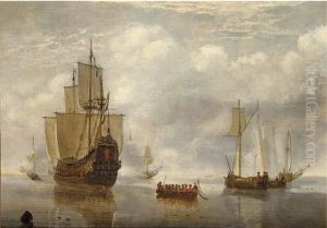 A States Yacht Firing A Salute At A Departing Barge, With Other Shipping In A Calm