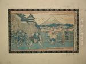 Kanpei Affronte Bannai Devant Okaru, Au Fond Le Fuji by Kosei Eisen