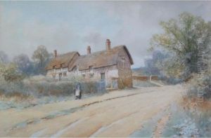 Figure On Country Path Beside A Thatched Cottage by Harold M. English