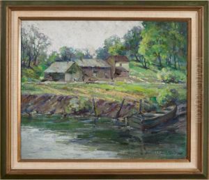 Farm Buildings By The River by Hallie Champlin-Hyde