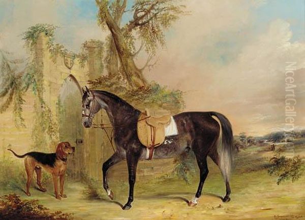 A Saddled Grey Hunter With A Dog Before A Gothic Gateway - view 1