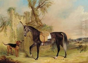 A Saddled Grey Hunter With A Dog Before A Gothic Gateway