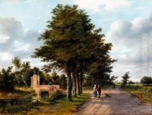 Wandelaars Bij Een Brug Op Landweg Bij Loosduinen Wandelaars Bij Een Brug Op Landweg Bij Loosduinen