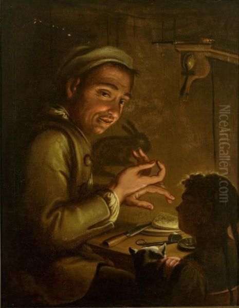 Sitzender Handwerker Fuhrt
Einem Kind Bei Kerzenlicht Schattenspiele Vor Und Wirft Einen Hasen An
Die Wand. - view 1