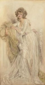 A Portrait Of A Lady, Full-length Resting On A Pilaster by Mary L. Gow