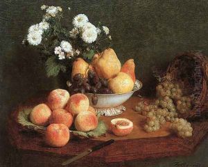 Flowers & Fruit on a Table 1865 by Ignace Henri Jean Fantin-Latour