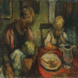 Two Children And Woman Sitting At A Table by Emiel Hansen