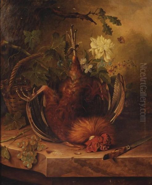 A Rooster, Grape Vines, Various
Flowers And A Wicker Basket With Blue Grapes, A Hunting Knife And White
Grapes On A Ledge - view 1