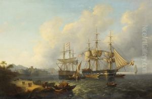 Seaport Schooners With The American And Austrian Flags