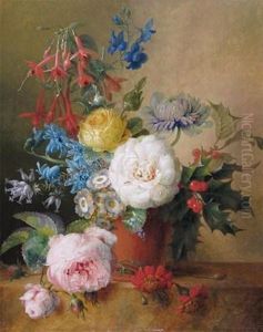 Still Life Of Roses, Fuchsia And Holly In A Vase
