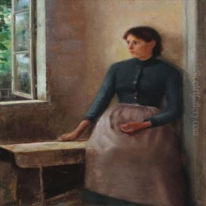 Interior With Young Woman By Window by Marie Henriques