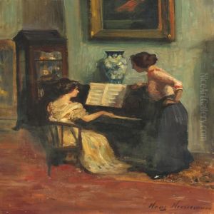 Interior With Two Ladies At A Piano by Hans Adolf Horner