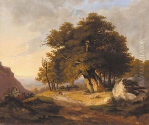 Hunstmen And Hounds On A Country Track, Mountains Beyond by Joseph Hulser