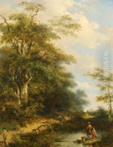 Figures Fishing In A Stream by Christiaan Immerzeel