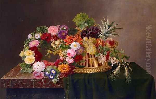 Still Life with a Basket of Fruit and a Wreath of Asters, Dahlias, Day Lillies and Morning Glories - view 1