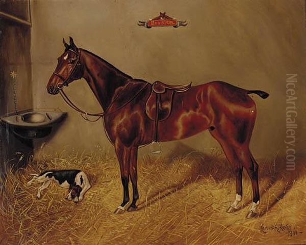 Hotspur, A Saddled Liver Chestnut Hunter With A Dog In A Stable - view 1
