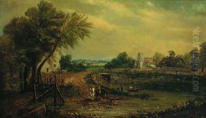 Fording A River By A Bridge, A Village Beyond