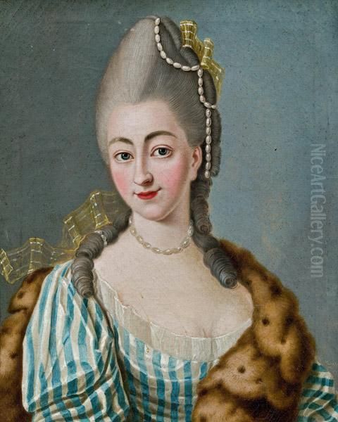 Dame In Blaugestreiftem Kleid, Pelz Und Perlenschmuck - view 1