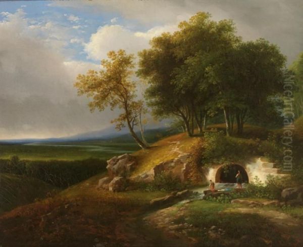 Zum Einen: Alte Muhle Mit
Wascherin Am Ufer; Zum Anderen: Erhohte Quelle Mit Weitem Blick In Das
Land - view 1