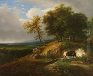 Zum Einen: Alte Muhle Mit 
Wascherin Am Ufer; Zum Anderen: Erhohte Quelle Mit Weitem Blick In Das 
Land by Anton Knapp