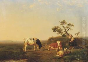 A Peasant Girl And Cattle Resting In A Landscape by Johan Daniel Koelmann