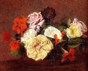 Bouquet Of Roses And Nasturtiums by Ignace Henri Jean Fantin-Latour