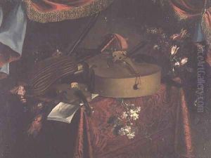 Still Life of Musical Instruments on a Table with Flowers by Edwart Collier