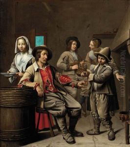Peasants Drinking And Music Making In A Tavern by Le Maitre Des Corteges