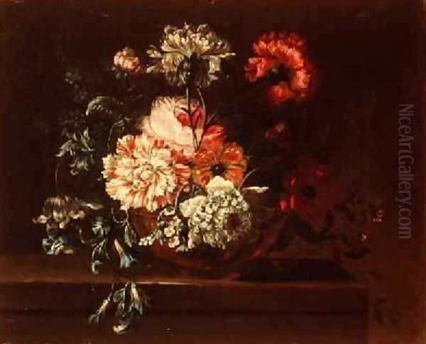 Roses carnations and convolvuli on a ledge - view 1