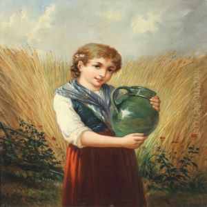 Girl With Water Jug Standing In A Cornfield