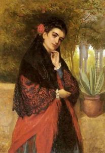 A Spanish Beauty in a Red and Black Lace Shawl by John Bagnold Burgess