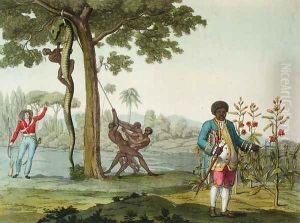 Portrait of Graman Quacy with his discovery Quaciae and the killing of a snake in Surinam, Guiana, illustration from 'Le Costume Ancien et Moderne' by G. Bramati