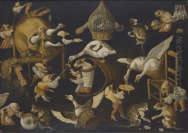 A Grotesque Scene With Animals Playing And A Dog Wrapped In Swaddling Clothes - view 1