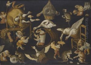 A Grotesque Scene With Animals Playing And A Dog Wrapped In Swaddling Clothes by Master Of The Fertility Of The Egg