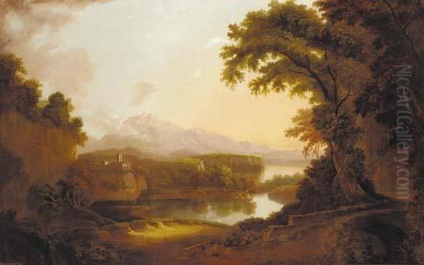 An Italianate River Landscape With A Church And Mountains Beyond - view 1