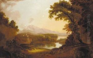 An Italianate River Landscape With A Church And Mountains Beyond An Italianate River Landscape With A Church And Mountains Beyond