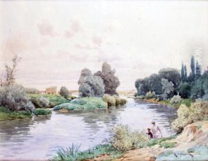 Pecheur Et Jeune Femme En Bord De Riviere by R. V. Meunier