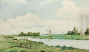 Polderlandschaft Mit Windmuhlen Und Kuhen An Einem Flussufer by Edmond Modave