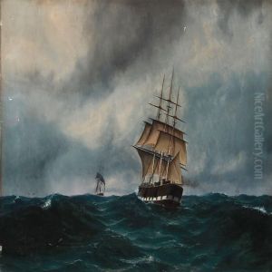 Seascape With Sailing Ships In High Waves by Thorvald C. Benjamin Moller
