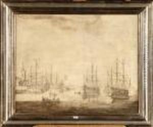 Voiliers De Haut Bord Ancres Dans Un Port Hollandais by Cornelis Pietersz De Mooy